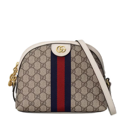 GUCCI/古驰 22春夏新款Ophidia系列 女士小号米色老花帆布白色皮革滚边红蓝织带细节金扣斜跨单肩包499621K05NB9794