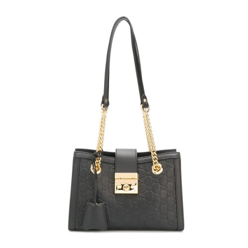 GUCCI/古驰 女士黑色牛皮经典双G字母徽标压花装饰单肩手提包购物包女包 498156-0REAG-1000