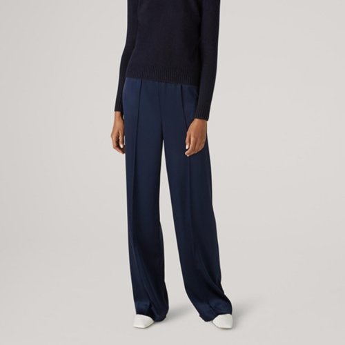 St.John/盛蔷藏青色缎面垂感松紧腰阔腿长裤女士休闲裤K821WD1