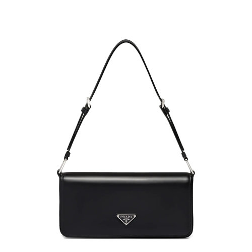 PRADA/普拉达 22年新款Femme系列 女士黑色亮面皮革银扣金属三角形徽标单肩斜跨手提包1BD323_ZO6_F0002_V_HOO