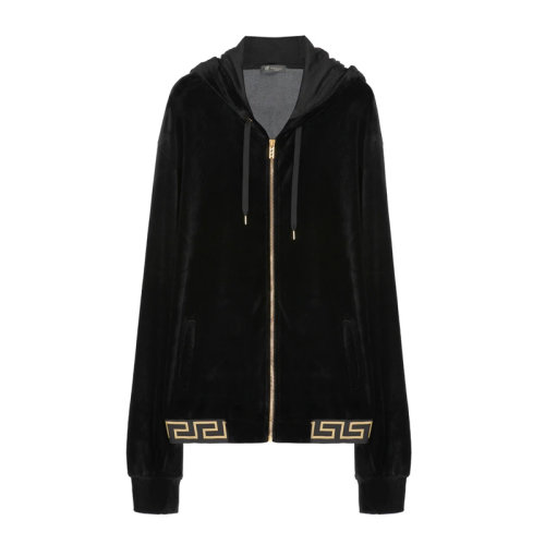 VERSACE/范思哲 男士黑色莫代尔混纺棉质希腊回纹边饰拉链开合长袖上衣外套连帽衫 AGU15010-AC00344-A008