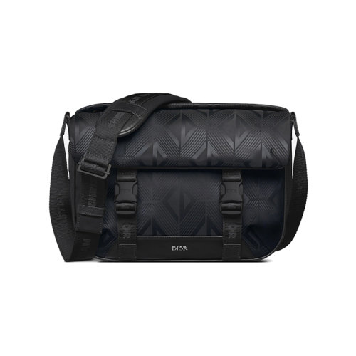 DIOR/迪奥 22新款 男士黑色尼龙配粒面小牛皮翻盖开合黄铜饰面调节提花肩带单肩斜挎包1ESME061NCD_H03E