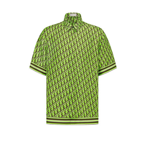 DIOR/迪奥 22年早春新款 男士荧光绿色/卡其色桑蚕丝斜纹面料老花印花短袖衬衫193C545A4751_C686