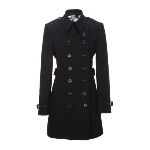 BURBERRY/博柏利 女士黑色羊毛双排扣束腰修身风衣大衣