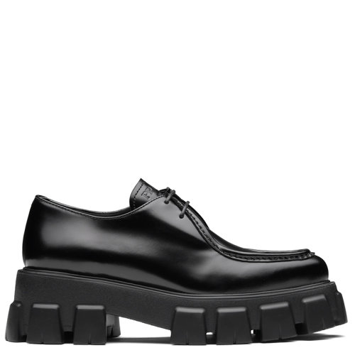 PRADA/普拉达 秋冬 Monolith系列 女士黑色亮面皮革尖头系带乐福鞋1E719M_055_F0002_F_055