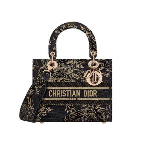 DIOR/迪奥 23新款 LADY D-LITE系列 女士中号黑色帆布配天鹅绒金色金属丝线刺绣淡金色字母吊饰拆卸宽肩带手提斜挎包M0565ORDZ_M911
