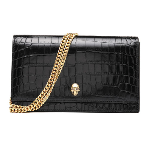 Alexander McQueen/亚历山大麦昆21新品骷髅徽标牛皮革翻盖女士单肩包链条包6302661HB0G
