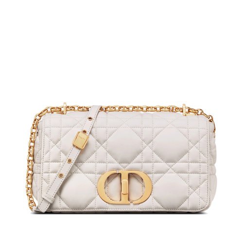 DIOR/迪奥 22春夏新款CARO系列 女士中号奶白色哑光牛皮革绗缝效果超大藤格纹金扣金链斜跨单肩包M9242UGCO_M030