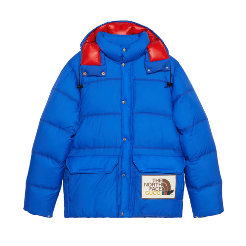 GUCCI/古驰 22秋冬款 The North Face联名系列 ?男士蓝色聚酰胺饰有彩色网络条纹LOGO标志背面印花LOGO图案可拆卸风帽羽绒服663753XAACW4316