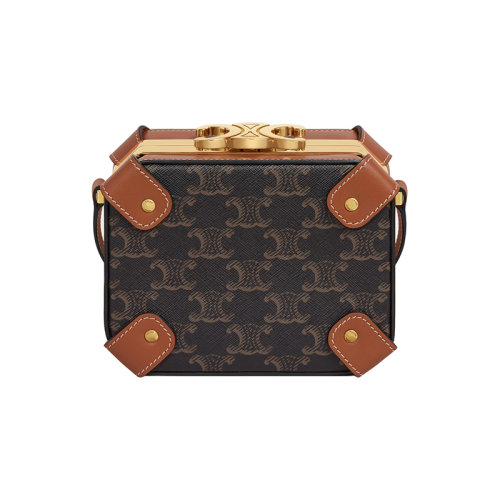 CELINE/赛琳 22新款 TRIOMPHE BOX系列 女士黄褐色老花帆布配皮金属搭扣调节肩带单肩包199292BZJ.04LU
