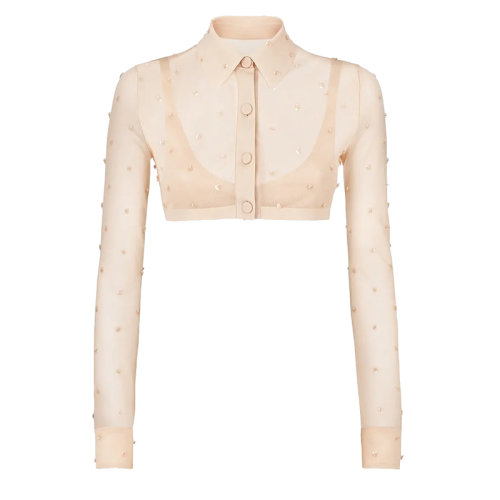 FENDI/芬迪 女士粉色真丝衬衫领长袖短开衫FZC897AHEAF1ENM