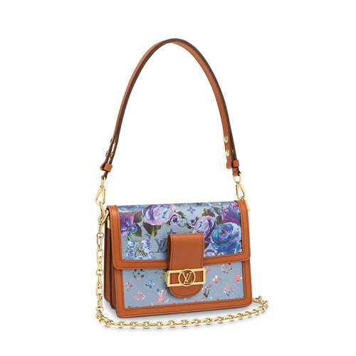 Louis Vuitton/路易威登 22新款DAUPHINE系列 女士中号蓝色帆布饰花朵印花棕色皮革滚边细节金扣金链单肩斜跨手提包M21266
