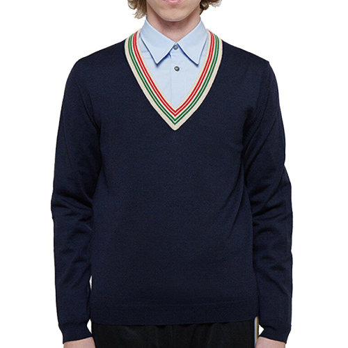 GUCCI/古驰  古琦男装 红绿条纹 男士深蓝色羊毛时尚V领套头秋冬针织衫/毛衣 599917 XKA5C 4437