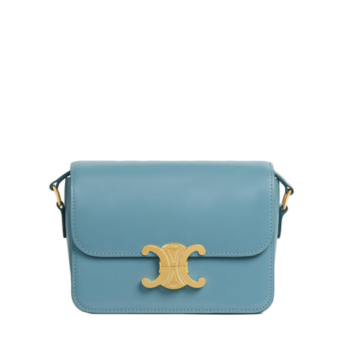CELINE/赛琳 22春夏新款TEEN TRIOMPHE系列 女士丹宁蓝色牛皮革凯旋金扣翻盖单肩斜挎包188423BF4.07DD