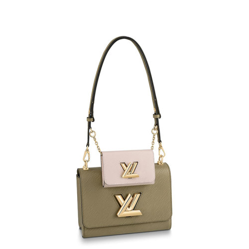 Louis Vuitton/路易威登 22春夏新款TWIST系列 女士中号卡其绿/石英白水波纹皮革金色旋扣配可拆卸小袋多功能二合一斜跨单肩包M59884