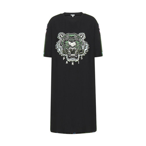 KENZO/高田贤三  凯卓女装 经典虎头图案 女士黑色棉质时尚百搭圆领短袖连衣裙 FA52RO1935AC.59