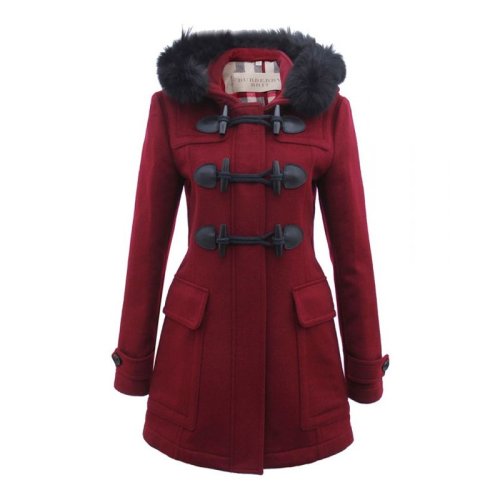 BURBERRY/博柏利 女士红色羊毛牛角扣连帽保暖大衣中长款外套