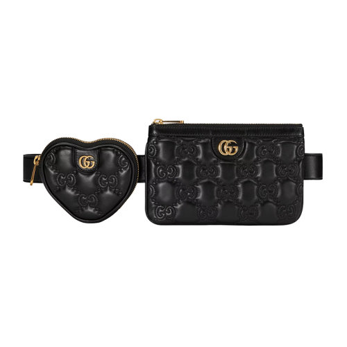 GUCCI/古驰 22新款 女士黑色绗缝GG皮革金色饰面双G配心形钱包拉链开合腰包723779UM8IG1000