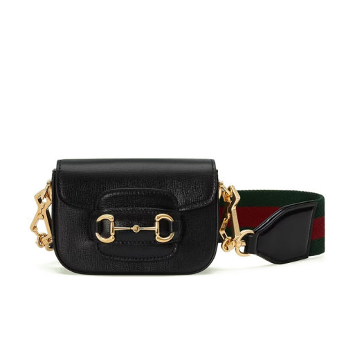 GUCCI/古驰 22新款Horsebit 1955系列 女士超迷你黑色皮革金色马衔扣绿色和红色织带肩带钱包?69976018YSG1060