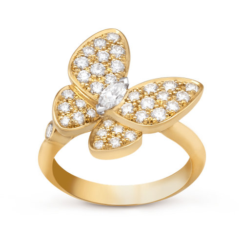 Van Cleef & Arpels/梵克雅宝 经典Deux Papillons系列 18K金黄金镶嵌钻石蝴蝶戒指 VCARP3DQ00