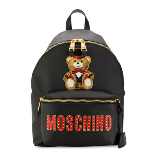 MOSCHINO/莫斯奇诺 女士黑色PU时尚经典logo泰迪熊图案双肩包背包女包