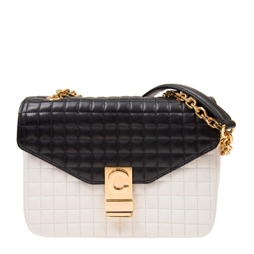 CELINE/赛琳 女士黑白拼色小牛皮方格纹绗缝经典字母C扣单肩包斜挎包链条包女包 187253-BFD-01WB