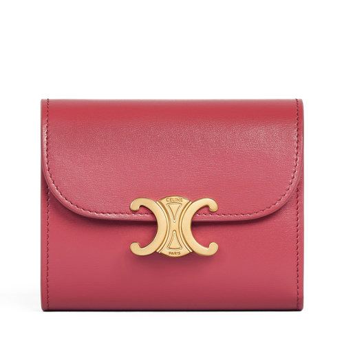 CELINE/赛琳 22新款TRIOMPHE系列 女士小号口红色亮泽小牛皮饰凯旋金扣折叠钱包10D783DPV.27LK