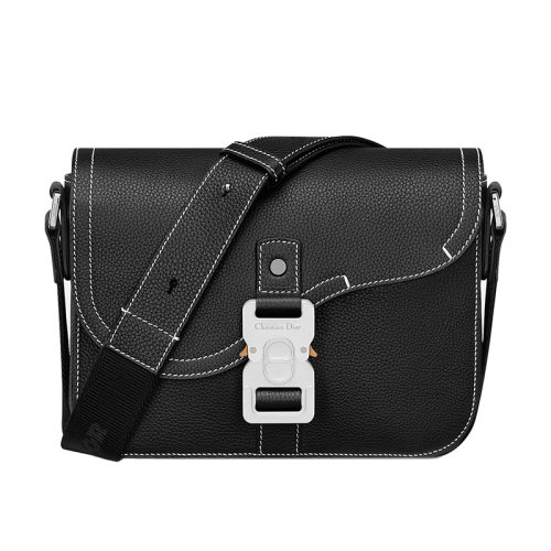 DIOR/迪奥 22新款 Saddle系列 男士mini黑色粒面小牛皮翻盖闭合铝制搭扣调节皮革提花肩带肩背斜挎邮差包1ADPO049YKK_H00N