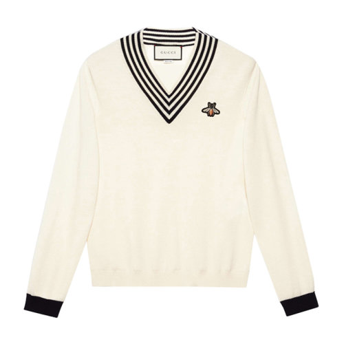 GUCCI/古驰 20春夏鹿晗同款男装服装羊毛V领蜜蜂刺绣时尚休闲毛衣男士针织衣