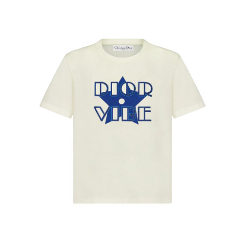 DIOR/迪奥 22年春夏新款 VIBE系列 女士米白色和荧光蓝色棉质和亚麻混纺星星Logo短袖T恤223T19A4497_X5882