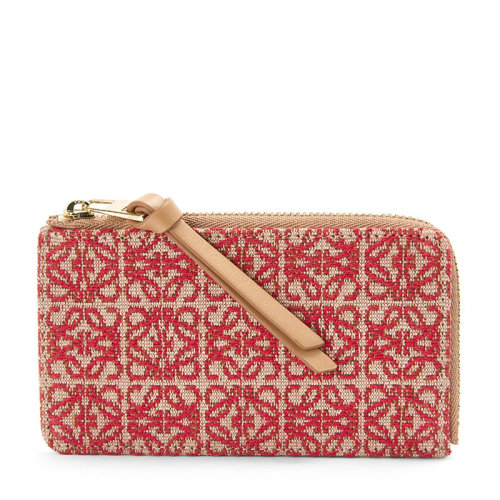 LOEWE/罗意威 22春夏新款 女士红色/暖沙色织物配皮红色老花刺绣金扣拉链开合钱包0010686244