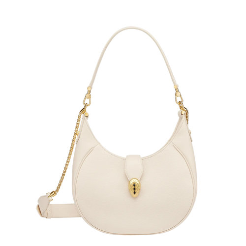 BVLGARI/宝格丽 22早春 新款SERPENTI ELLIPSE系列 女士中号象牙白色小牛皮蛇首搭扣单肩手提腋下包291639