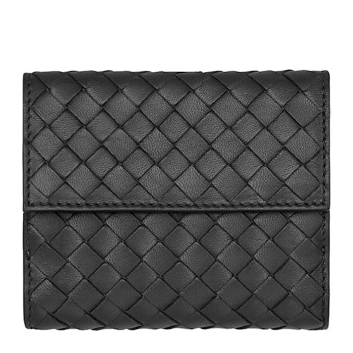 Bottega Veneta/葆蝶家　女士黑色羊皮经典编织搭扣短款三折迷你钱夹钱包女包　382576-V001N-1000