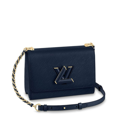 Louis Vuitton/路易威登 经典款TWIST系列 女士中号靛蓝色水波纹粒面牛皮革饰皮革缠绕金色皮革链带旋转徽标扣单肩斜挎手提包M59321
