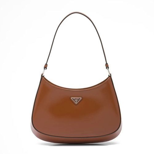 PRADA/普拉达 22年新款Cleo系列 女士烟草色亮面皮革银扣饰有三角金属徽标磁吸扣合单肩斜挎腋下手提包1BC499_ZO6_F02TX_V_OOO