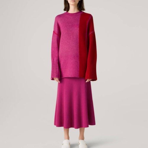 St.John/盛蔷拼色羊绒宽松长款女士针织衫/毛衣K501022