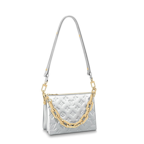 Louis Vuitton/路易威登 22春夏新款COUSSIN BB系列 女士银色羊皮革老花压印金链条配可拆卸肩带单肩斜挎手提链条包M20567