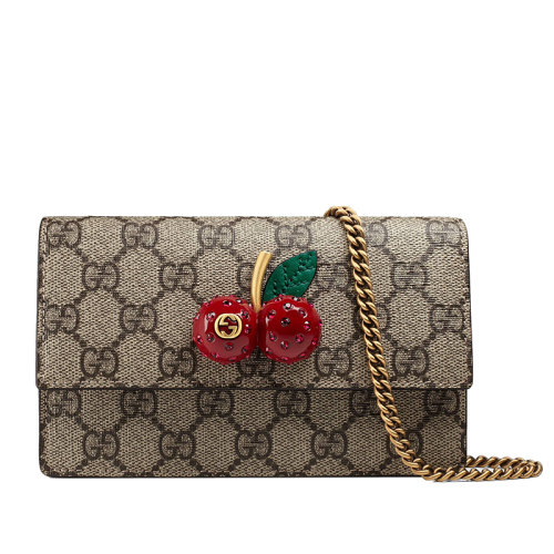 GUCCI/古驰  经典款Suprême迷你系列 老花帆布樱桃链条迷你单肩包481291K9GXT8694