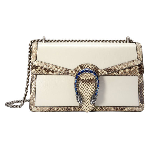 GUCCI/古驰  Dionysus系列 白色皮革与自然色蟒蛇皮饰面小号老虎头扣斜挎单肩包 4002491DB9N9098