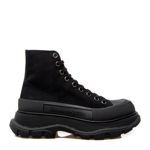 Alexander McQueen/亚历山大麦昆 王一博同款男士黑色棉质橡胶底侧面徽标系带高帮鞋厚底鞋休闲鞋运动鞋男鞋 604254-W4L32-1000