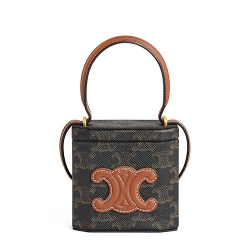 CELINE/赛琳 22新款TRIOMPHE系列 女士褐色老花帆布棕色皮革细节单肩手提盒子包199602EIN.04LU