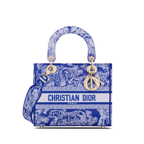 DIOR/迪奥 22新款LADY D-Lite系列 女士中号荧光蓝织物茹伊印花刺绣手袋M0565OROC_M808