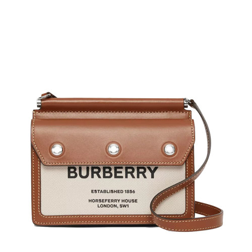 BURBERRY/博柏利 21新款 女士迷你自然色帆布麦芽棕小牛皮三按扣Horseferry印花单肩斜挎包80146111