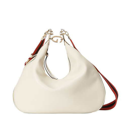 GUCCI/古驰 22新款 男女同款白色皮革黄绿织带滚边新月造型G钩扣大号单肩手提包?702823UXWBG9109