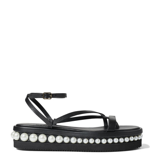 Jimmy Choo/周仰杰 22年秋冬新款 Pine Flat系列 女士黑色牛皮和白色珍珠厚底凉鞋PINEFLATZXA-NOIR