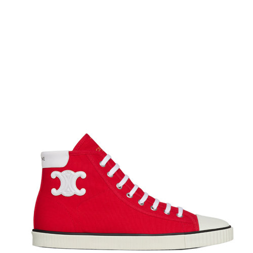 CELINE/赛琳 22年早春新款 BLANK系列 女士亮红色织物/牛皮革侧面TRIOMPHE贴饰高帮运动鞋帆布鞋343202006C.27BR