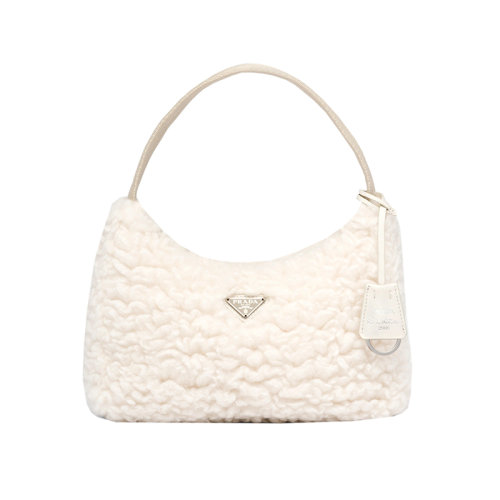PRADA/普拉达 22新款 女士白色人造效果羊毛/羊绒拉链开合珐琅金属标志尼龙手柄徽标印花里衬手提包1NE515_2FLI_F0018