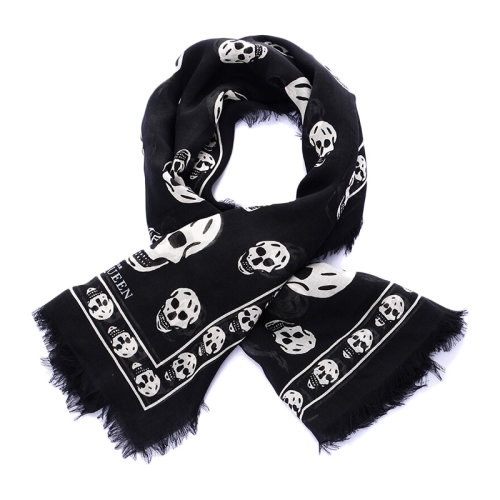Alexander McQueen/亚历山大麦昆 男女同款 中性黑色骷髅头印花时尚潮款围巾丝巾围脖 110640-4943Q-1078