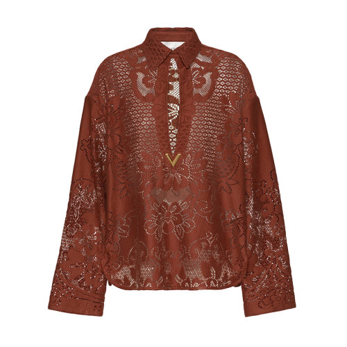 Valentino/华伦天奴 22年早春新款 V Gold系列 女士棕色尼龙棉质混纺凸纹蕾丝衬衫外套XB3AB2156W3C30