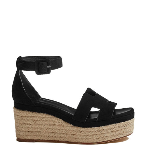 HERMES/爱马仕 22年秋冬新款 Elda系列 女士黑色山羊绒面革坡跟草编鞋凉鞋H222136Z02390